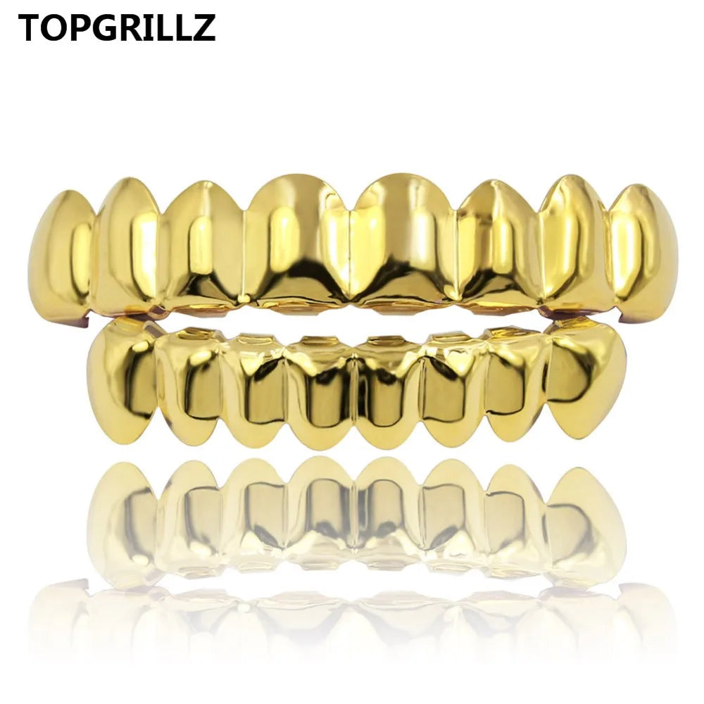 TOPGRILLZ 8/8 Hip Hop Teeth Grillz Set Gold Silver Color Top & Bottom Body Jewelry Punk