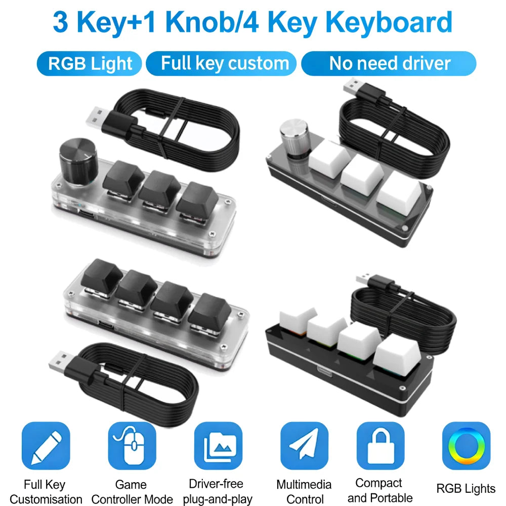 3Key 1 Knob/4Key Customize Bluetooth Keyboard Macro Knob Copy Paste Shortcut Key E-sports Game Mini Mechanical Hot Plug Keyboard