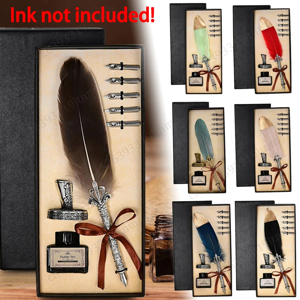 1 Set Vintage Calligraphy Pen Feather Dip Fountain Pen Set Ink Stationery Quill Creative Retro Writting Pen School Office Supply