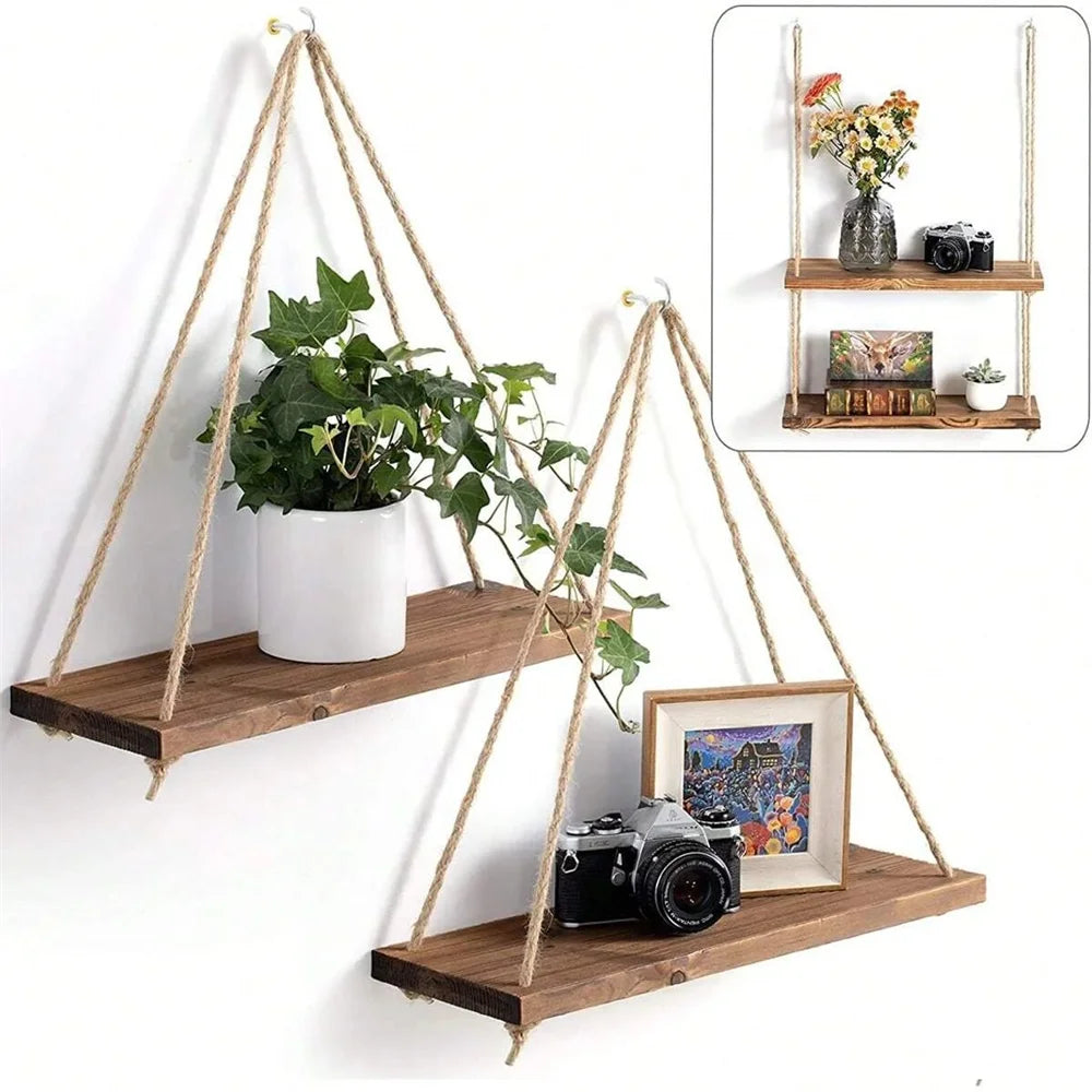 1PCS Wall Decoration Hanging Rope Flower Pot Storage Rack Wall Hanging Wooden Storage