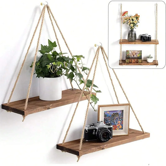 1PCS Wall Decoration Hanging Rope Flower Pot Storage Rack Wall Hanging Wooden Storage