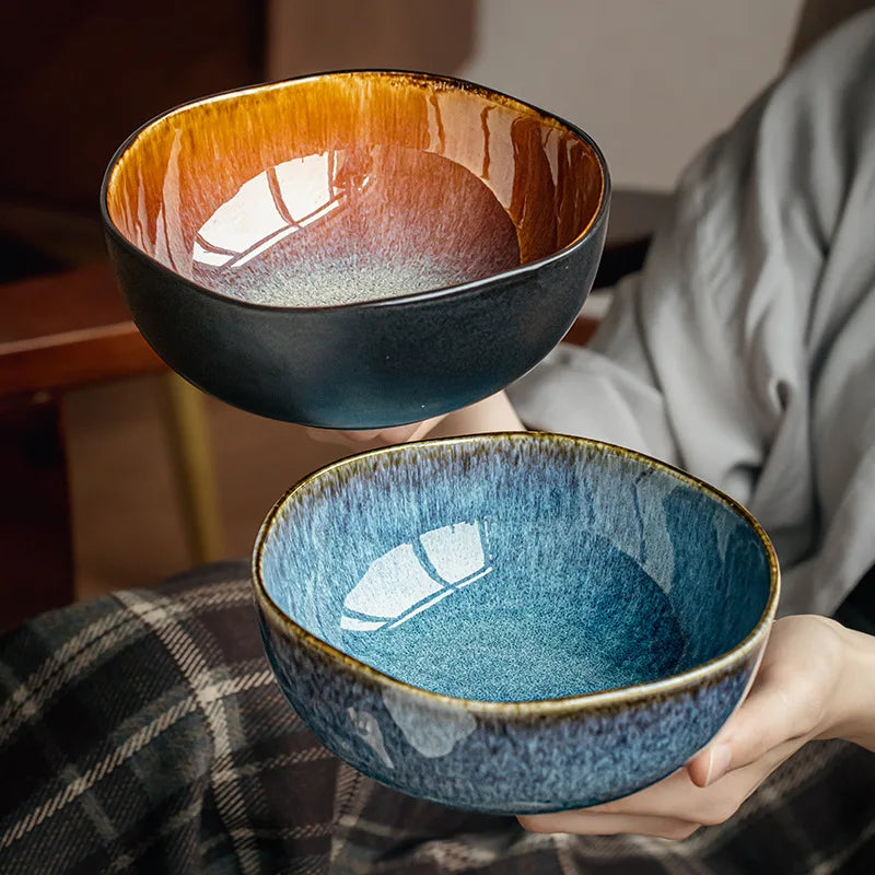 Japanese Style Ceramic Bowl Irregular Glaze Ramen Bowl Large Salad Soup Bowl Microwave Dishwasher Safe