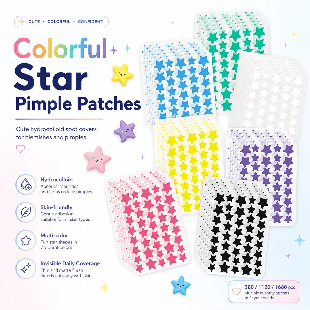 280/1120/1680pcs Seven-Color Star Pimple Patches Invisible Hydrocolloid Dots for Fun &