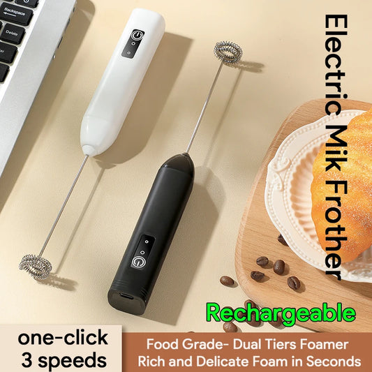 Electric Milk Frother USB Rechargeable Handheld Egg Beater 3 Speeds Foam Maker Mixer