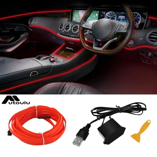 5M Car Interior LED Strip Light EL Wire Neon Ambient Lighting USB Flexible Decoration DIY Auto Party Atmosphere Lamp Diode