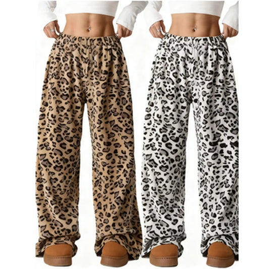 New High-quality Autumn And Winter Women's Flannel Casual Sleeping Pants With Elastic Waist And Leopard Print Sleeping Pants