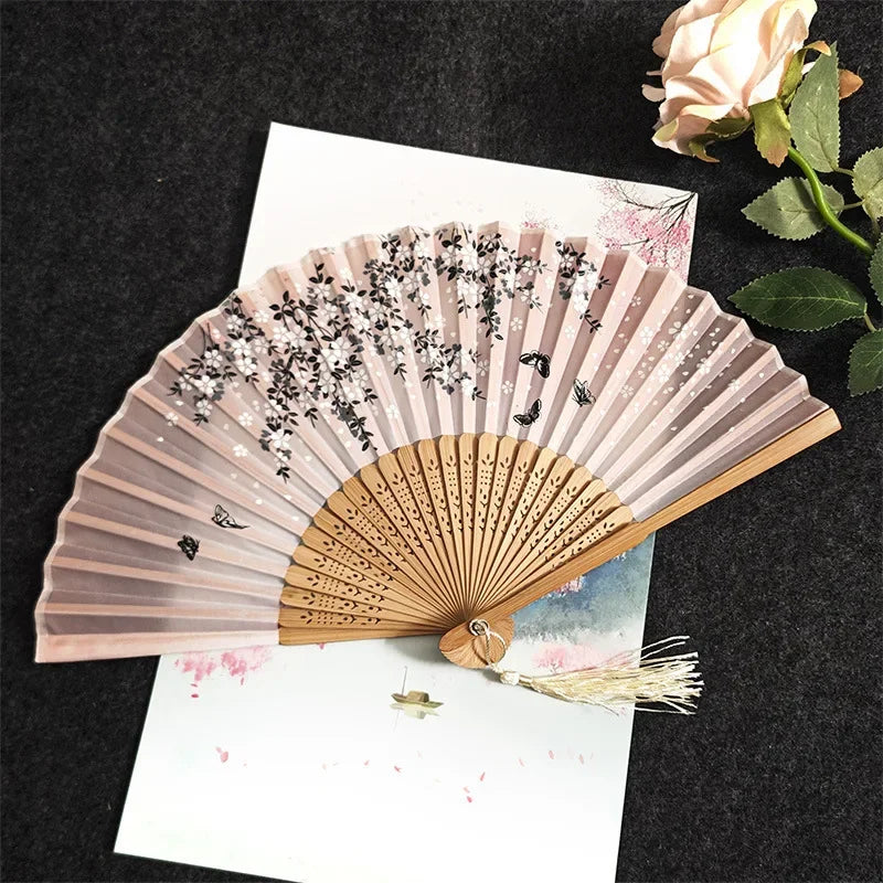 Chinese Style Folding Hand Fan with Tassel for Women Japanese Handheld Fan Dancing Wedding Decoration Party Favor Accessory
