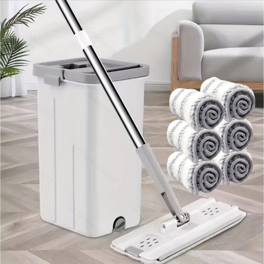 1 Set Hands-Free Flat Mop Bucket Kit,6 Microfiber Pads,360 Rotatable Head,Wet Dry Mopping,Bucket Scraper Cleaning Tools