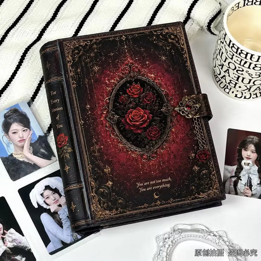 A5 Dark Rose PU Leather Photocard Binder Gothic Magnetic Loose Leaf Album for 3 Inch Card Storage