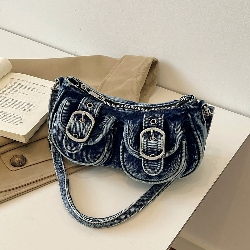 Vintage Washed Distressed Denim Underarm Bag Y2K Retro Metal Buckle Multi Pockets Shoulder Handbag Fashion Daily Purse