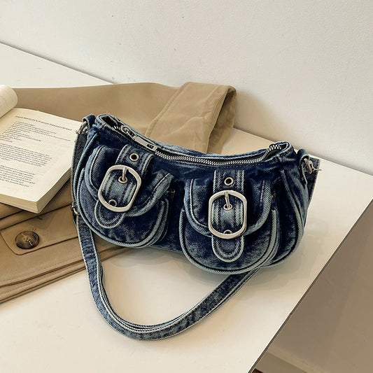 Vintage Washed Distressed Denim Underarm Bag Y2K Retro Metal Buckle Multi Pockets Shoulder Handbag Fashion Daily Purse