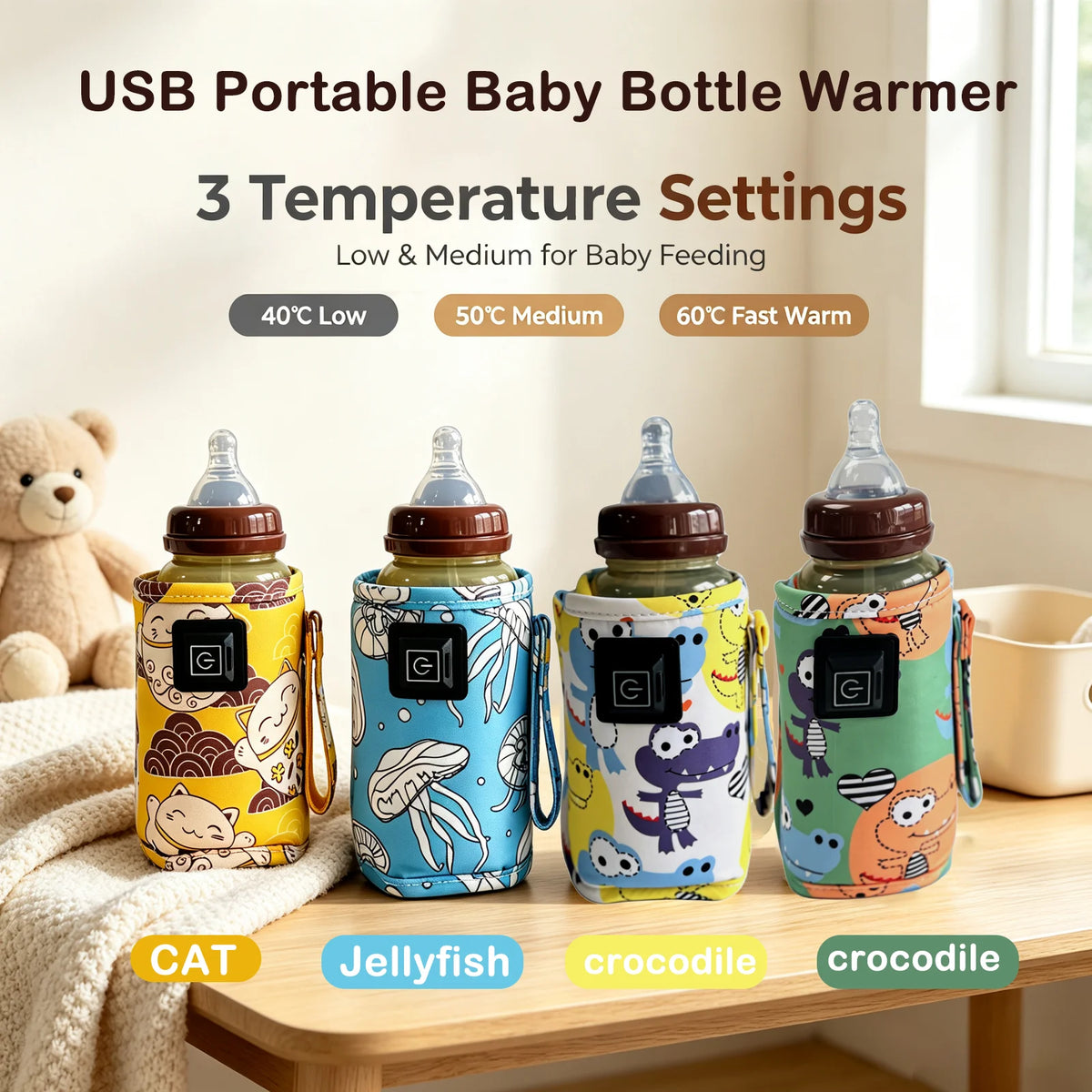 USB portable baby bottle warmer, 3-speed temperature adjustment, no need for batteries, suitable for travel as a thermos heating