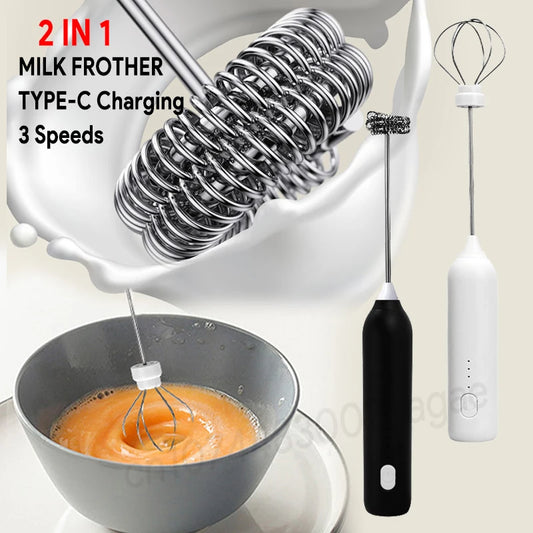 HOT Electric Milk Frother + Egg Beater Wireless Type-C Charging 3 Speeds Mini Handheld