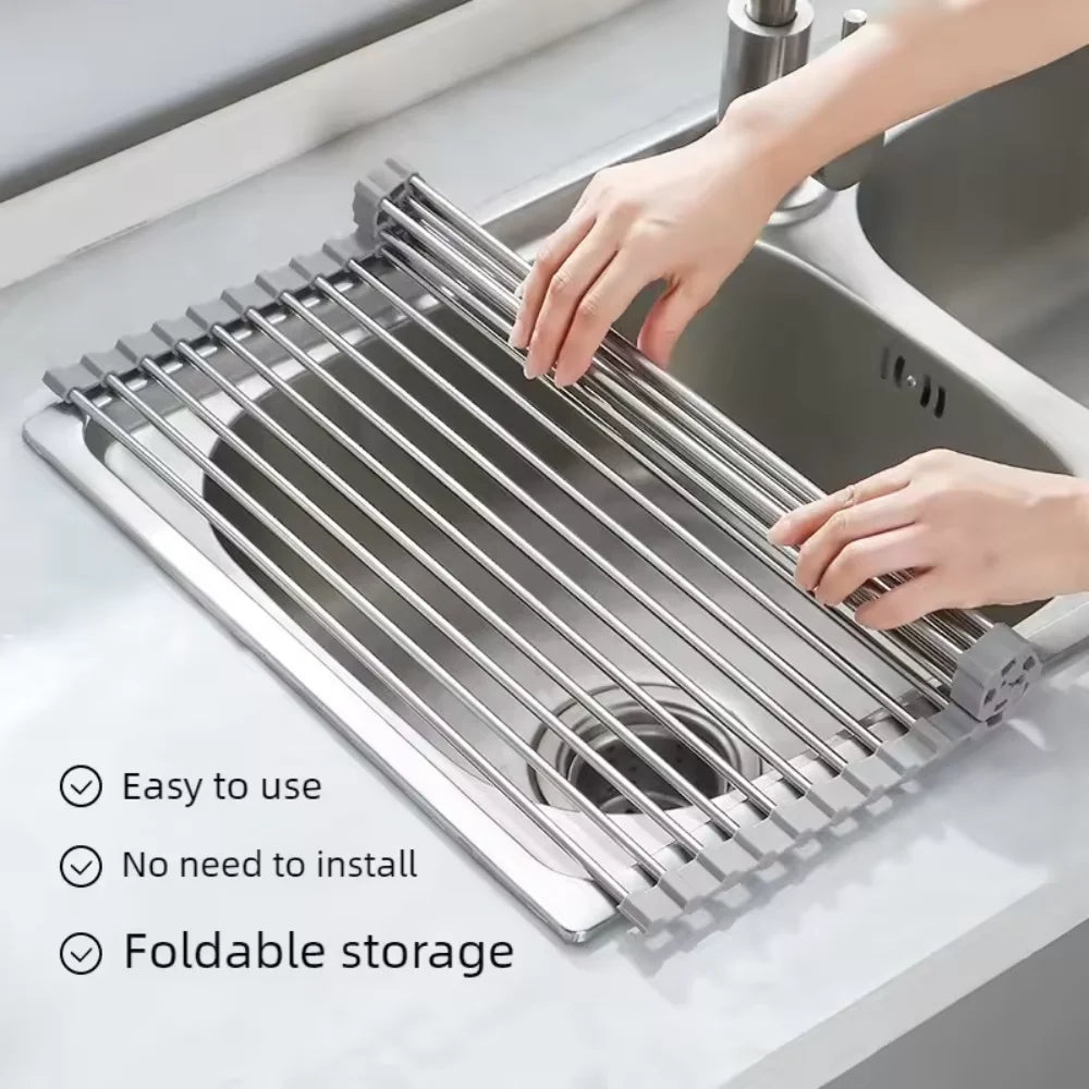 Rollable Foldable Stainless Steel Sink Drying Rack Kitchen Multifunctional Dish Drainer