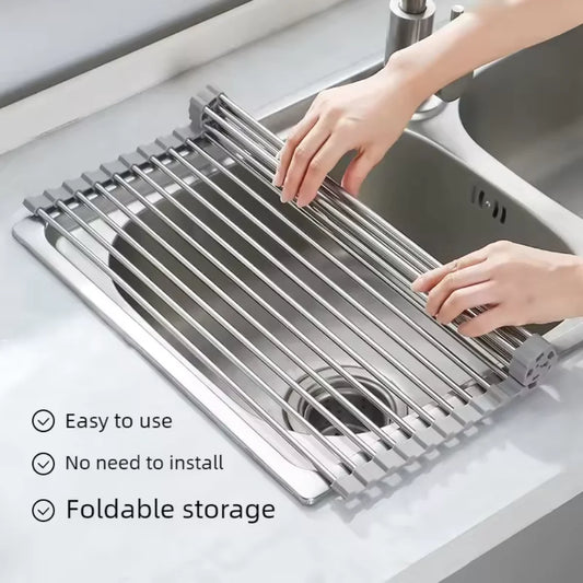 Rollable Foldable Stainless Steel Sink Drying Rack Kitchen Multifunctional Dish Drainer