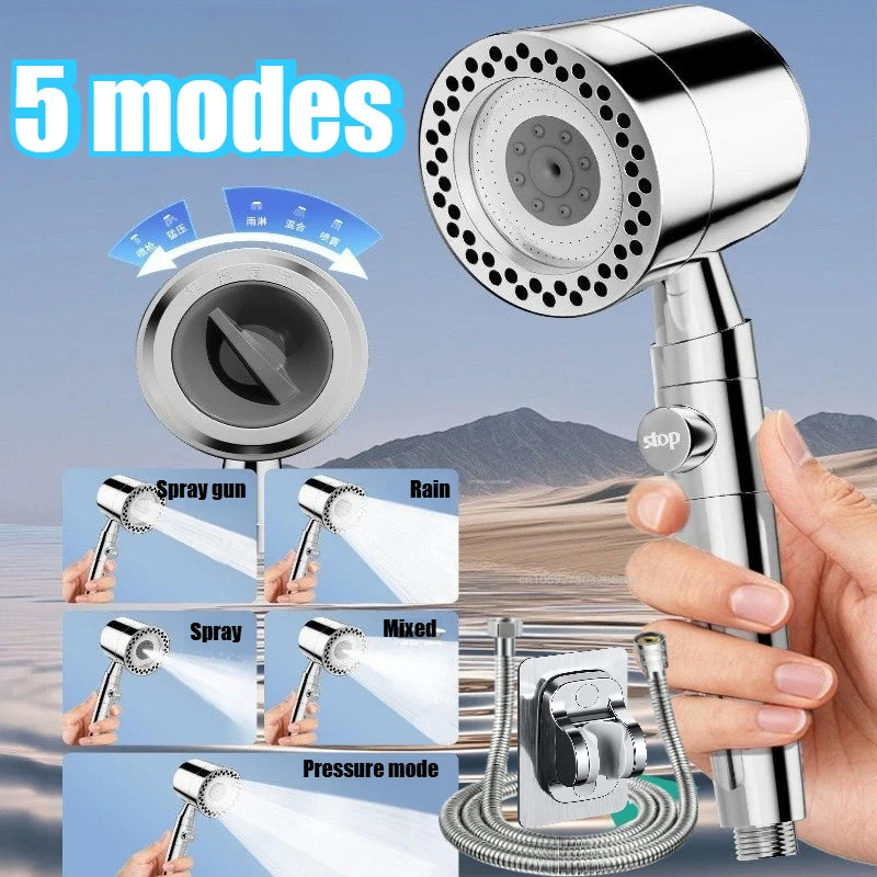 5 Spray ABS Portable Shower Head High Pressure Large Flow Spa Filtered Shower Heads with Stop Button Universal Bathroom Nozzle