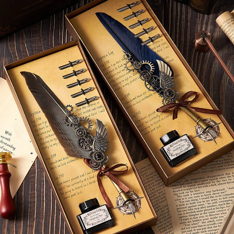 5color Machine Feather Dip Pen Set,Replaceable 5 Nib,Ink-Containing,Creative Quill