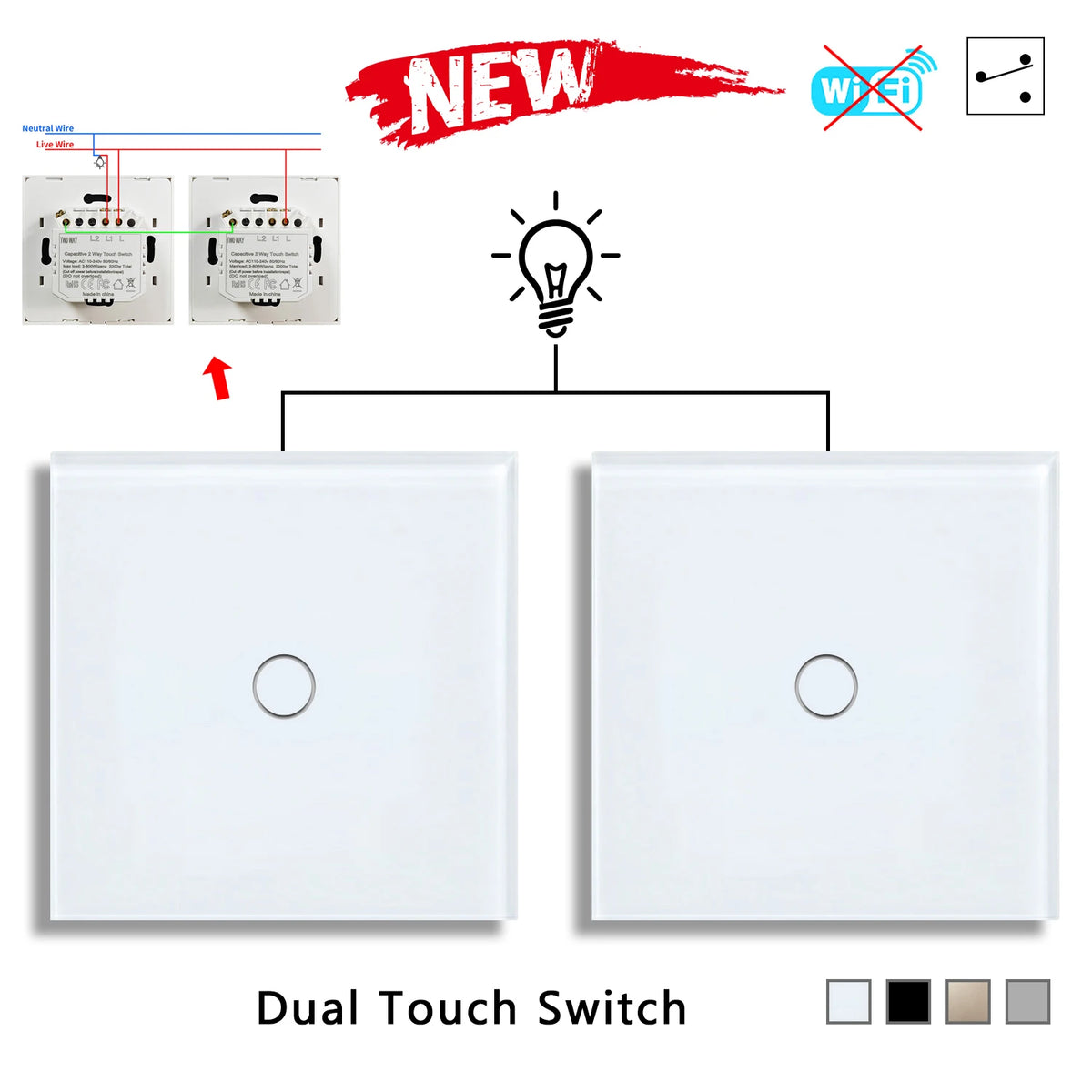 NYWP EU 86*86mm 1Gang 2Way Dual Touch Switch Tempered Glass Panel Stair Switch Bedroom