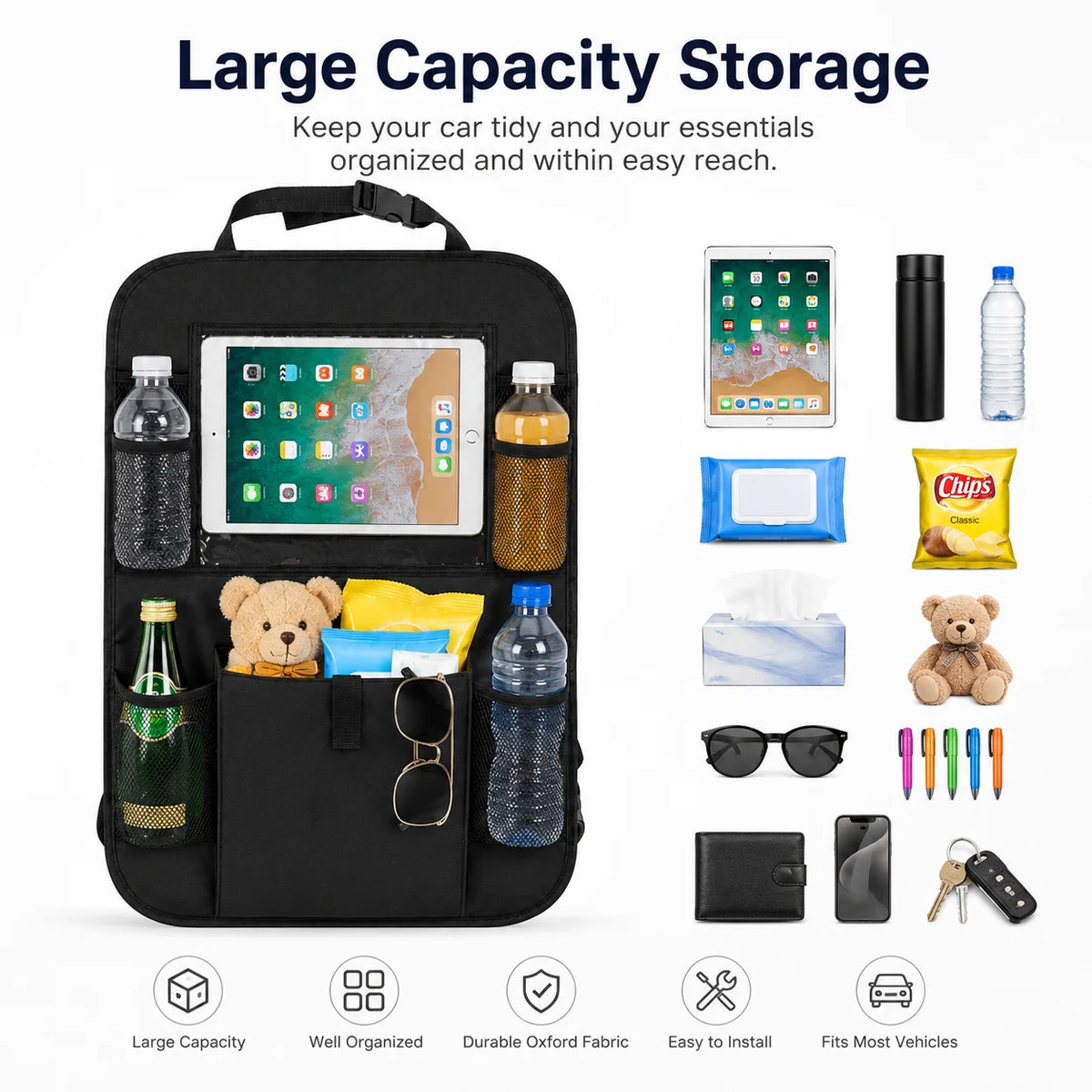 Waterproof Car Back Seat Organizer with Tablet Holder, Multi-Pocket Storage Bag for Kids