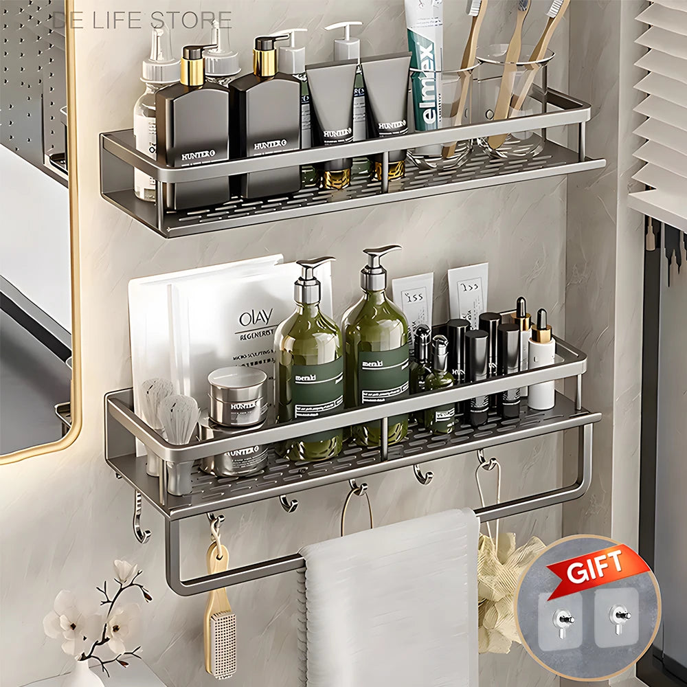 30/40/50CM Punch-Free Bathroom Shelf Shampoo Rack Aluminum Shower Organiser Without Drilling Toilet Shelf Bathroom Accessories