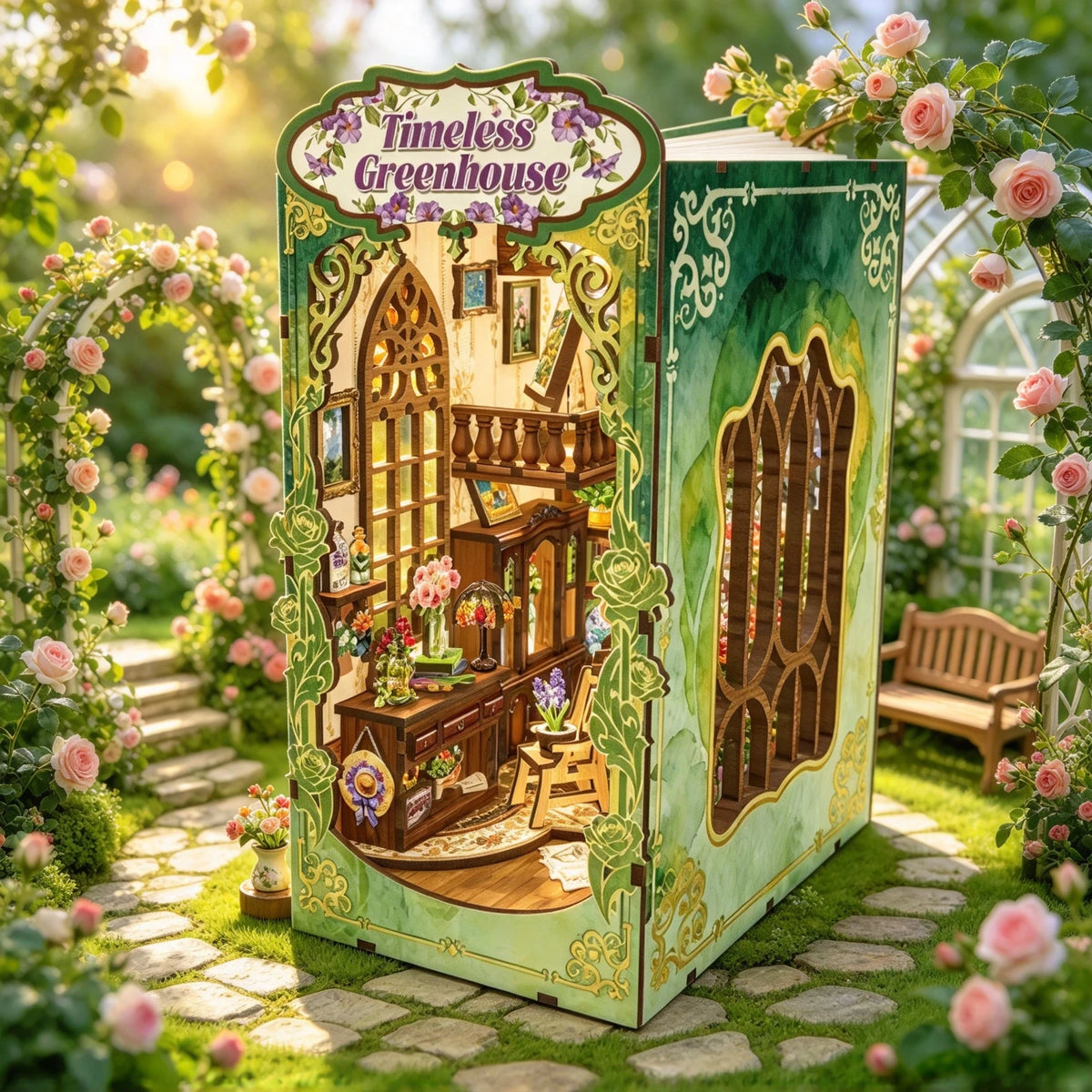 DIY Wooden Timeless Greenhouse Book Nook Shelf Insert Kits Miniature Dollhouse Model Bookend for Adults Birthday Gifts Toys
