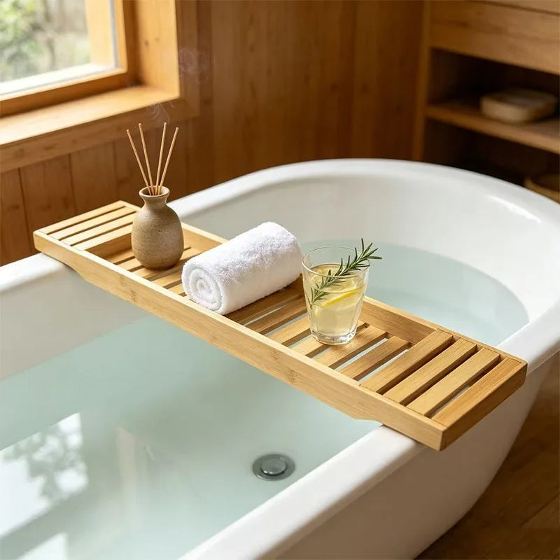 Multifunctional Bamboo Bathtub Rack, European Spa Bath Tub Tray Table, Flat Storage Shelf