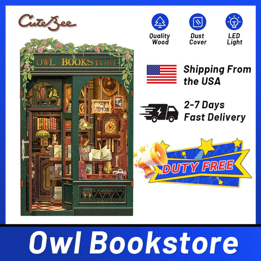 CUTEBEE DIY Book Nook Kit Miniature Wooden Dollhouse with Lights Bookshelf Insert 3D