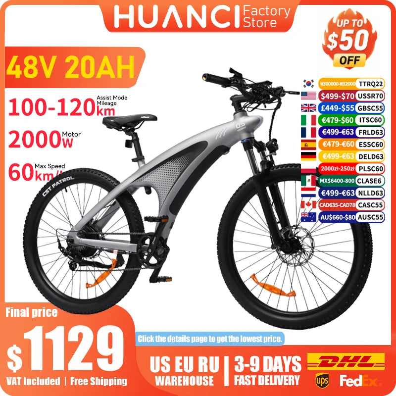 HUANCI Q5 Electric Bike for Adults Mountain Tire E Bike 48V 20Ah Battery Electric Bicycle for Commuting Long Range