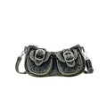 Vintage Washed Distressed Denim Underarm Bag Y2K Retro Metal Buckle Multi Pockets Shoulder Handbag Fashion Daily Purse