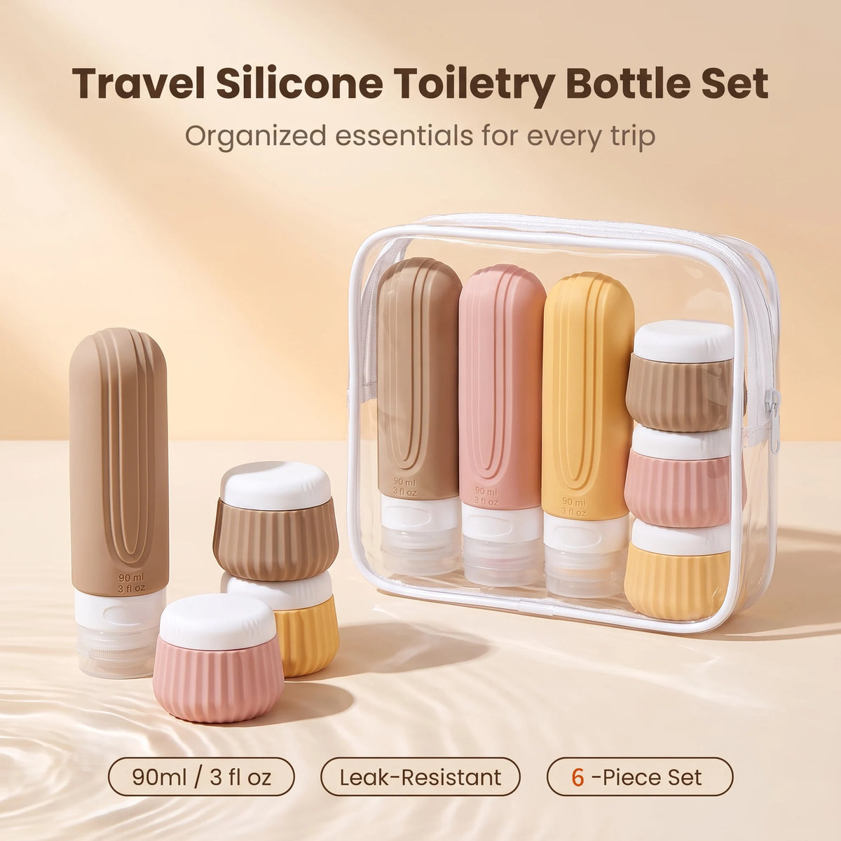 Silicone Travel Bottles Kit 6 Pack Refillable Leakproof Cosmetic Sub Bottling Set With