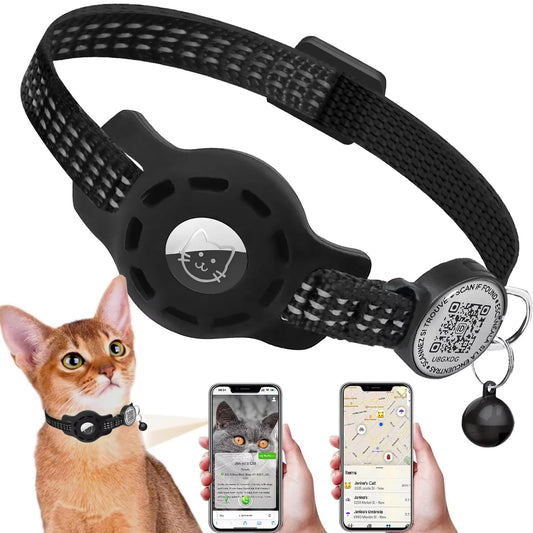 Cat GPS Collar with QR Code Tag & Airtag Case Reflective Apple Tag Cats Collar for