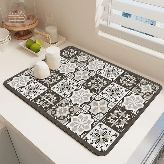 Gray White Geometric Tile Pattern Drying Mat Durable Diatomite Stain Resistant for Rustic Farmhouse Kitchen