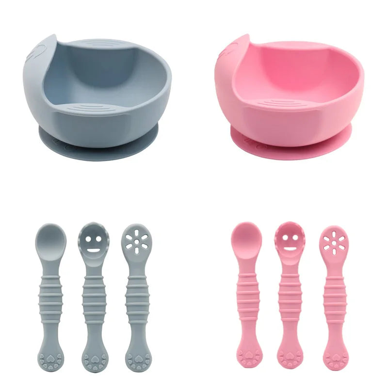 Baby Led Weaning Bowl, Silicone Suction Plate with Spoon, Self-Feeding Training Set for