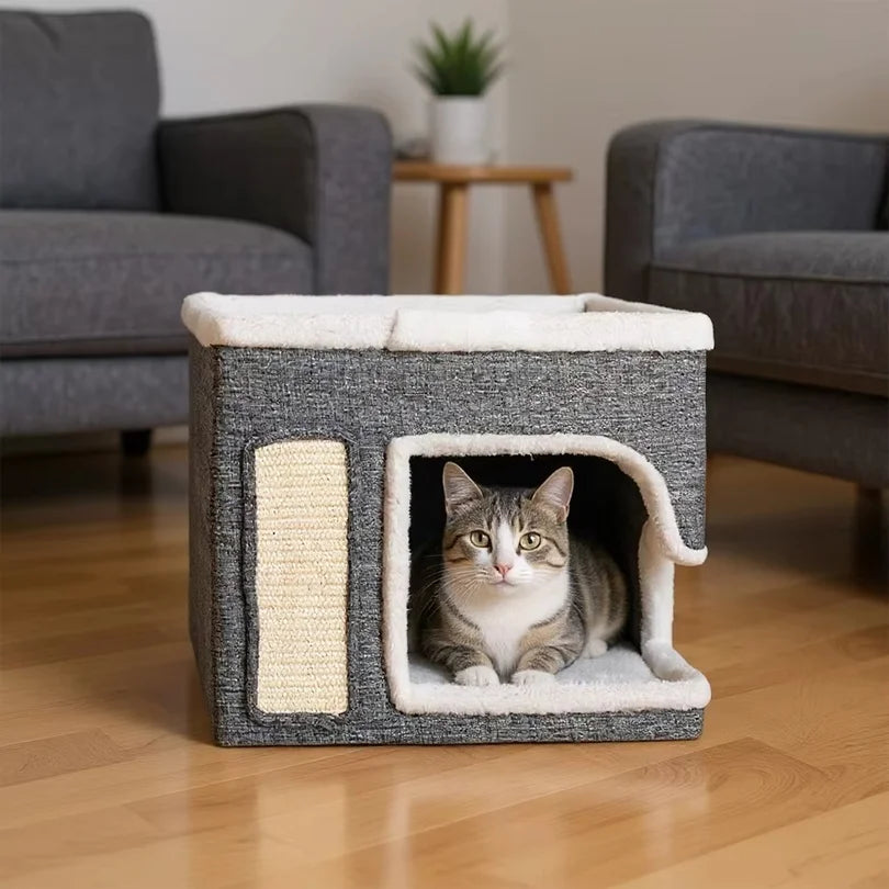 Double-Decker Foldable Cat House Indoor Cat Bed with Scratching Board and Plush Ball Pet Apartment