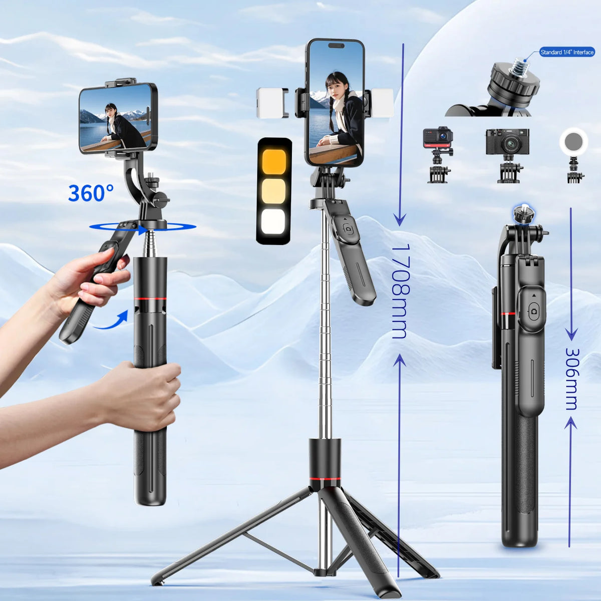 MEUYAG Selfie Stick Tripod with 1708mm Long Monopod Fill Light, Bluetooth Remote, 360