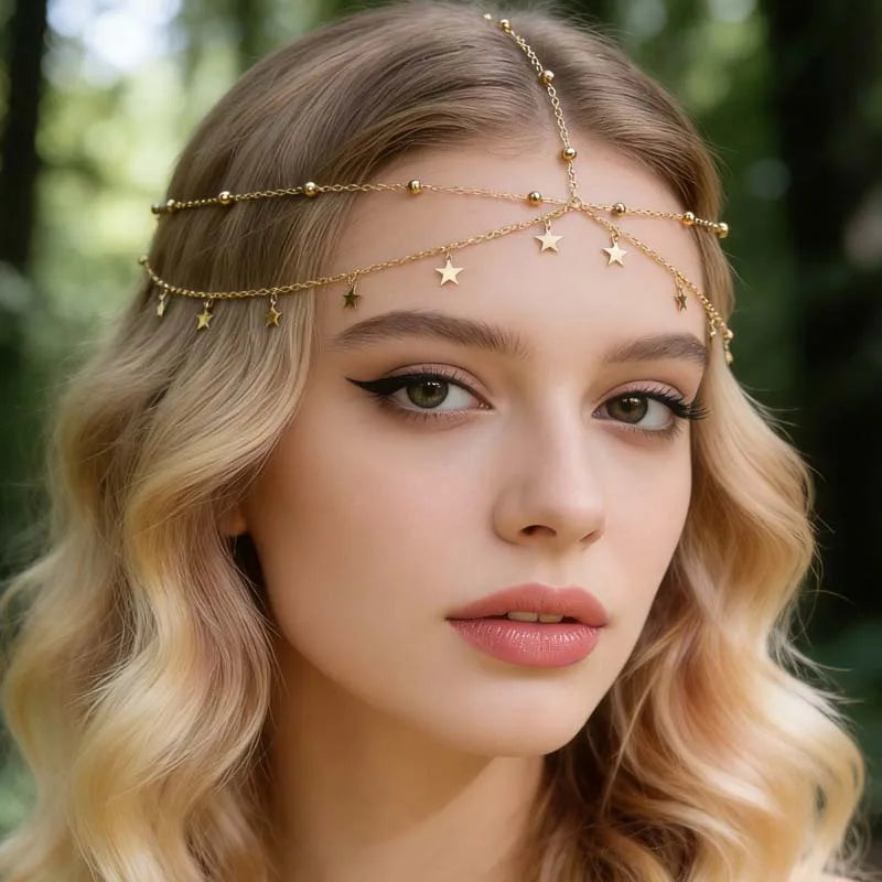 Bohemian Gold Color Star Pendant Tassel Hair Chain for Women Fashion Metal Beaded Multilayer Thin Head Chain Bride Headwear